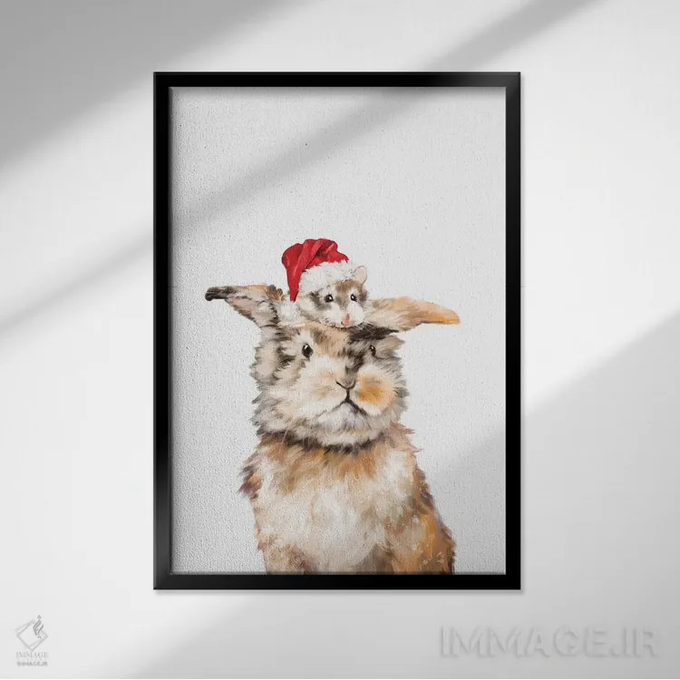 تابلو همستر و خرگوش کریسمسی اثر بگ نوز ورک (استودیو) - نمای قابدار مشکی