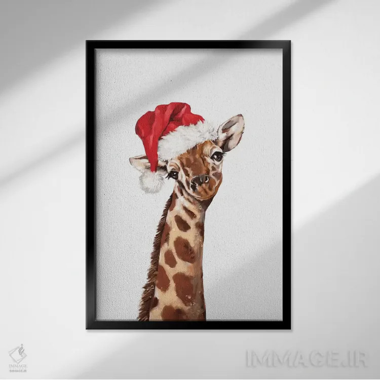 تابلو زرافه کریسمسی اثر بگ نوز ورک (استودیو) - نمای قابدار مشکی