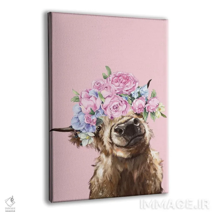 تابلو گاو کوهستانی زیبا با تاج گل در رنگ صورتی اثر بگ نوز ورک (استودیو) - نمای پرسپکتیو محصول