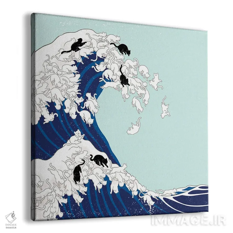 تابلو گربهها و موج بزرگ در رنگ آبی (الهام از موج بزرگ کاناگاوا) اثر بگ نوز ورک (استودیو) - نمای پرسپکتیو محصول