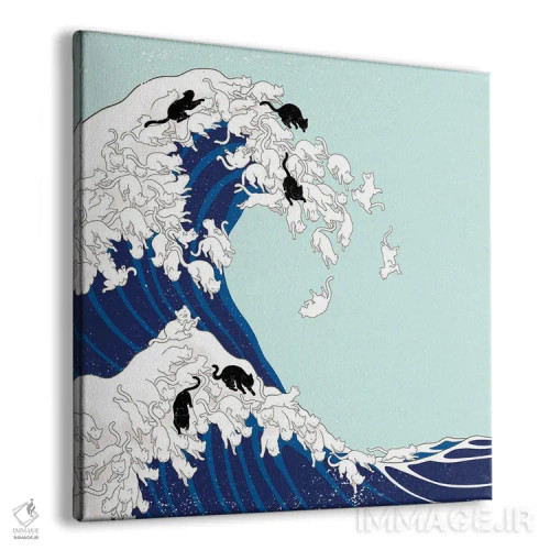 تابلو گربهها و موج بزرگ در رنگ آبی (الهام از موج بزرگ کاناگاوا) اثر بگ نوز ورک (استودیو) - نمای پرسپکتیو محصول