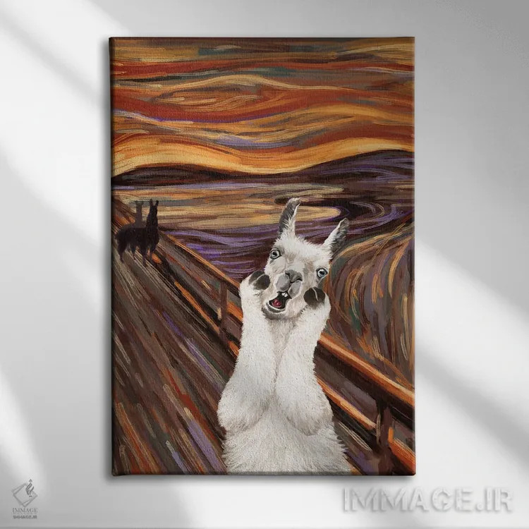 تابلو لامای جیغزن (الهام از تابلو جیغ) اثر بگ نوز ورک (استودیو) - نمای روبهرو روی دیوار