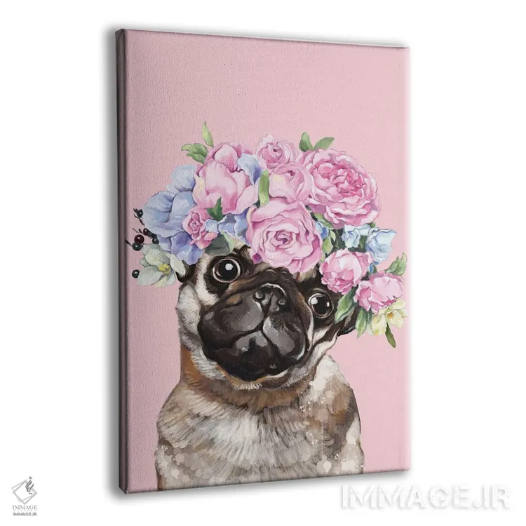 تابلو پاگ زیبا با تاج گل در رنگ صورتی اثر بگ نوز ورک (استودیو) - نمای پرسپکتیو محصول