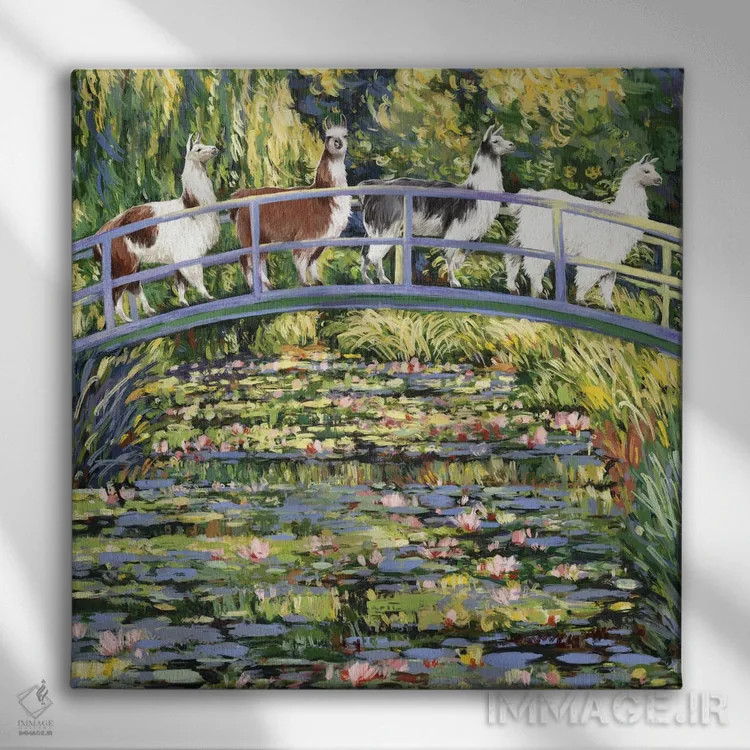 تابلو لاما و برکه زنبق آبی اثر بگ نوز ورک (استودیو) - نمای روبهرو روی دیوار