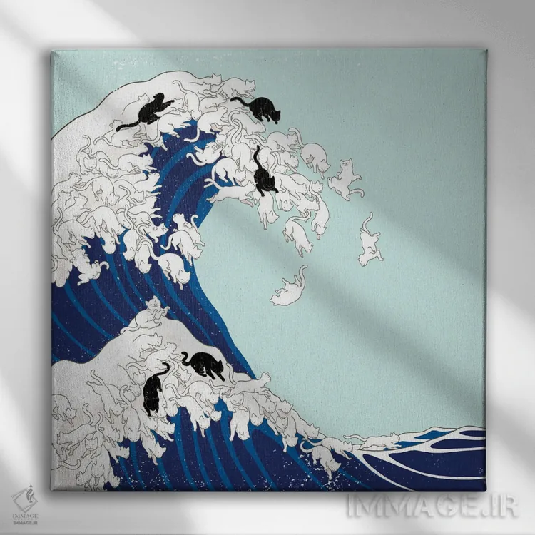 تابلو گربهها و موج بزرگ در رنگ آبی (الهام از موج بزرگ کاناگاوا) اثر بگ نوز ورک (استودیو) - نمای روبهرو روی دیوار