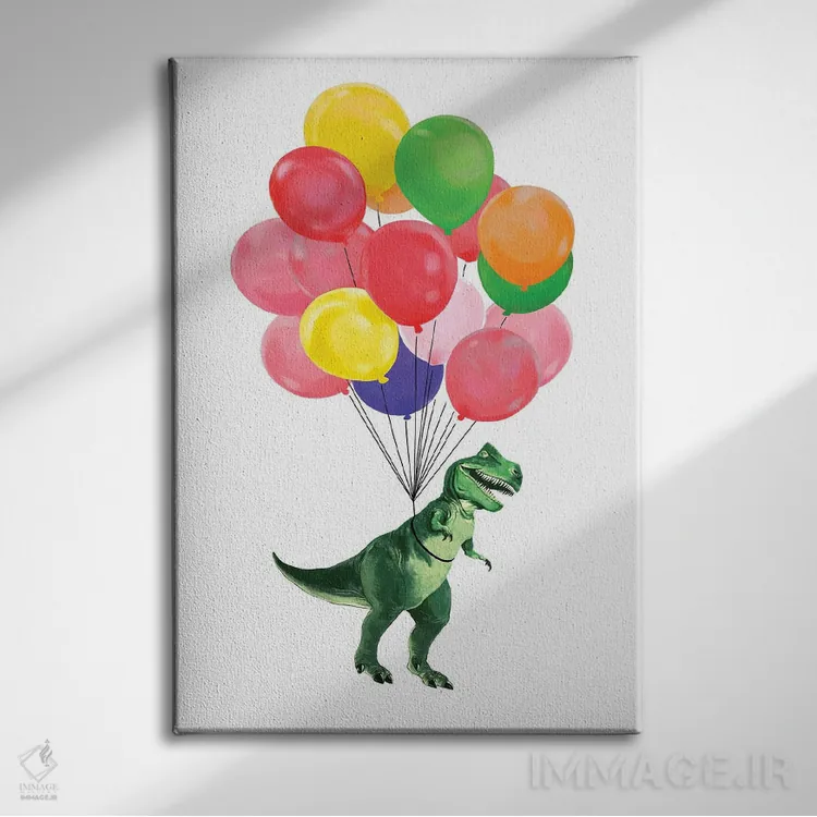 تابلو بیایید با بالونهای رنگی با تیرکس پرواز کنیم اثر بگ نوز ورک (استودیو) - نمای روبهرو روی دیوار