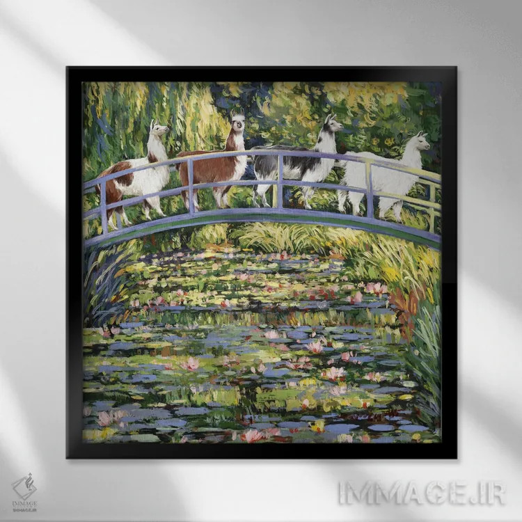 تابلو لاما و برکه زنبق آبی اثر بگ نوز ورک (استودیو) - نمای قابدار مشکی