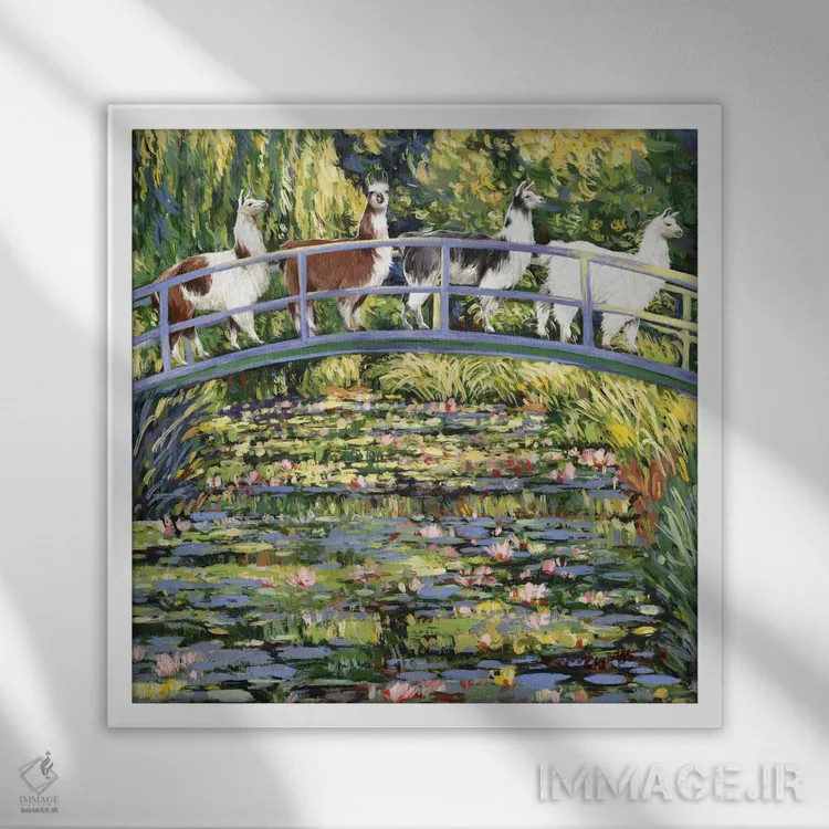 تابلو لاما و برکه زنبق آبی اثر بگ نوز ورک (استودیو) - نمای قابدار سفید