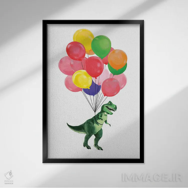 تابلو بیایید با بالونهای رنگی با تیرکس پرواز کنیم اثر بگ نوز ورک (استودیو) - نمای قابدار مشکی