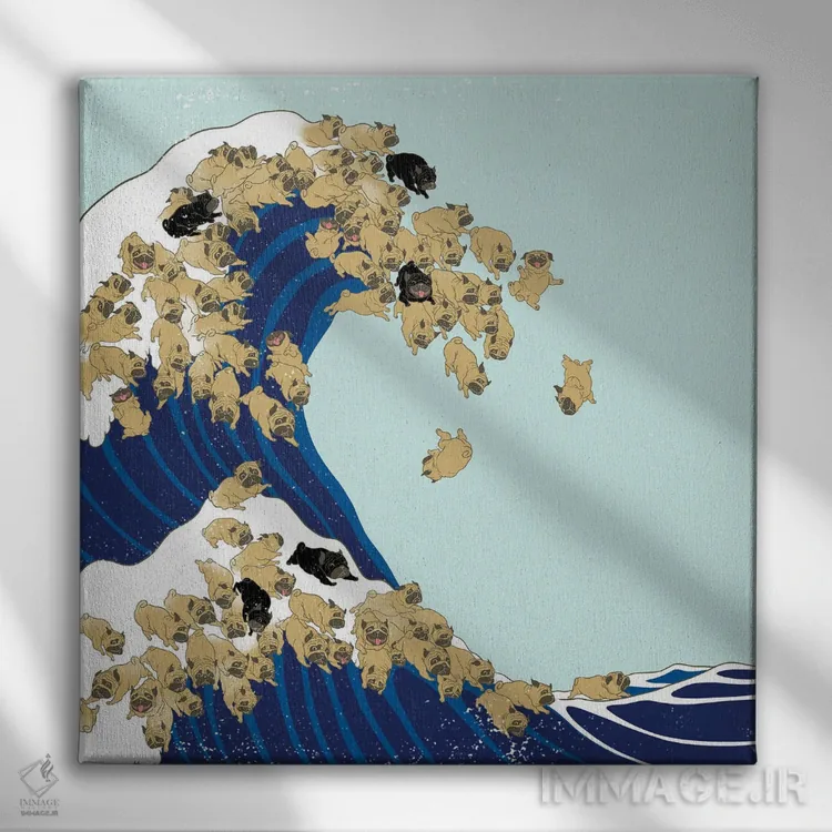 تابلو پاگ و موج بزرگ در رنگ آبی اثر بگ نوز ورک (استودیو) - نمای روبهرو روی دیوار