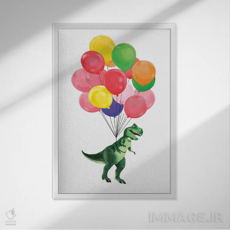 تابلو بیایید با بالونهای رنگی با تیرکس پرواز کنیم اثر بگ نوز ورک (استودیو) - نمای قابدار سفید