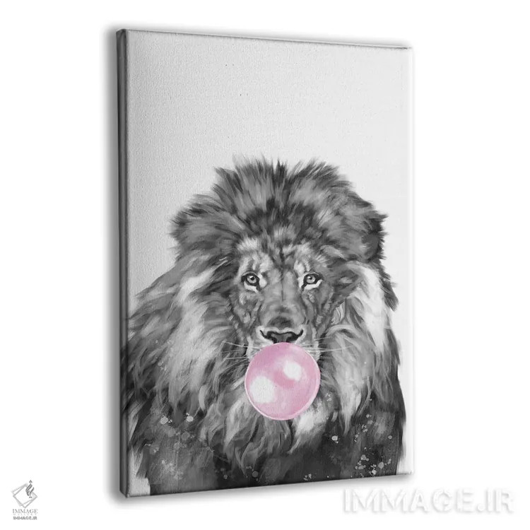 تابلو شیر در حال فوت کردن آدامس بادکنکی (سیاه و سفید) اثر بگ نوز ورک (استودیو) - نمای پرسپکتیو محصول