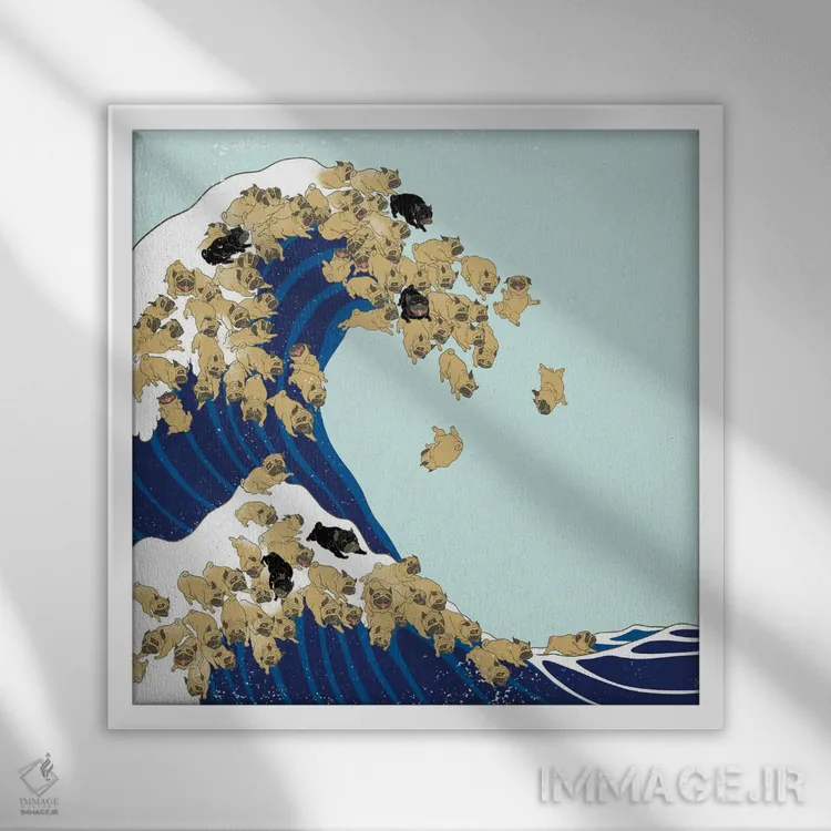 تابلو پاگ و موج بزرگ در رنگ آبی اثر بگ نوز ورک (استودیو) - نمای قابدار سفید