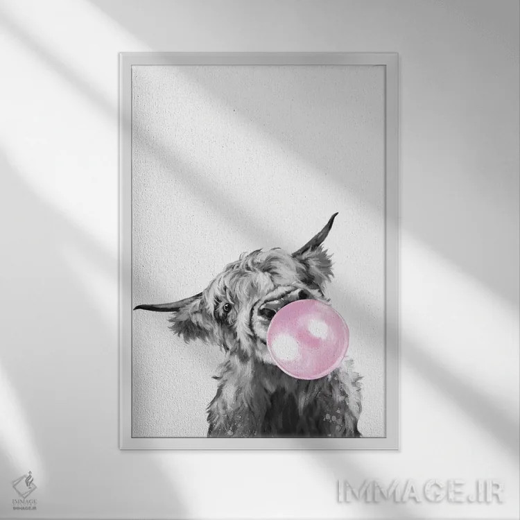 تابلو گاو کوهستانی در حال فوت کردن آدامس بادکنکی (سیاه و سفید) اثر بگ نوز ورک (استودیو) - نمای قابدار سفید