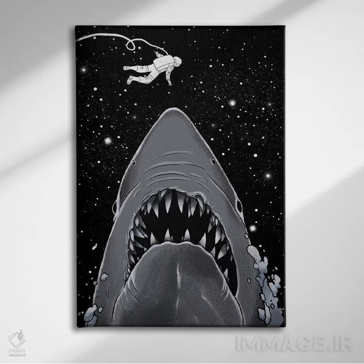 تابلو فضانورد با فکها روبرو میشود (ارجاع به فیلم Jaws) اثر بگ نوز ورک (استودیو) - نمای روبهرو روی دیوار