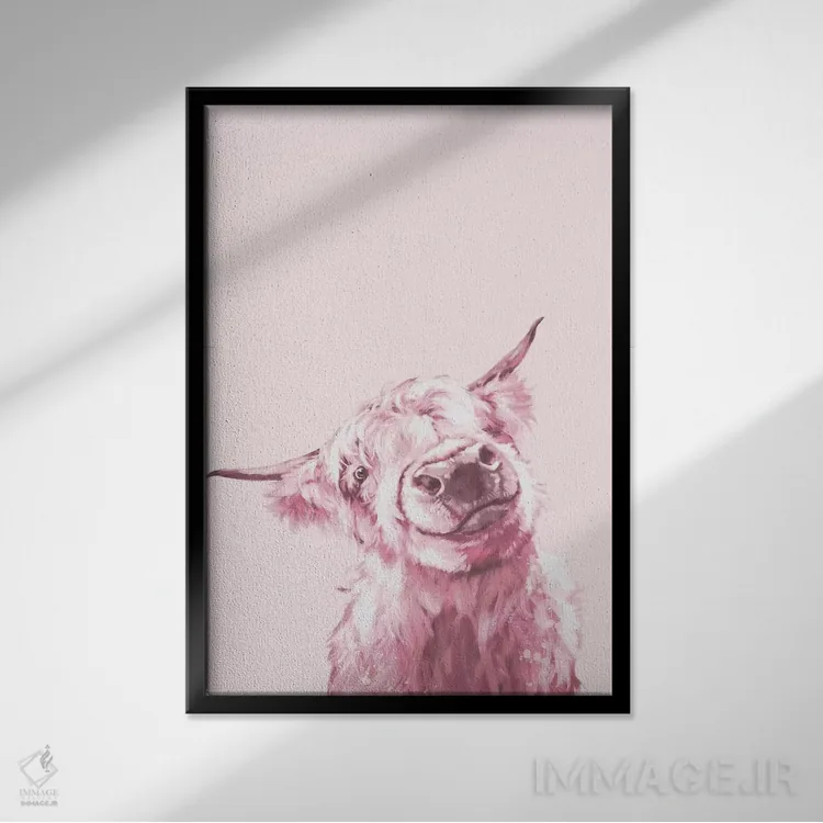تابلو گاو کوهستانی در رنگ صورتی اثر بگ نوز ورک (استودیو) - نمای قابدار مشکی