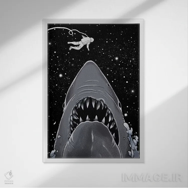 تابلو فضانورد با فکها روبرو میشود (ارجاع به فیلم Jaws) اثر بگ نوز ورک (استودیو) - نمای قابدار سفید
