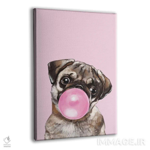 تابلو پاگ در حال فوت کردن آدامس بادکنکی در رنگ صورتی اثر بگ نوز ورک (استودیو) - نمای پرسپکتیو محصول