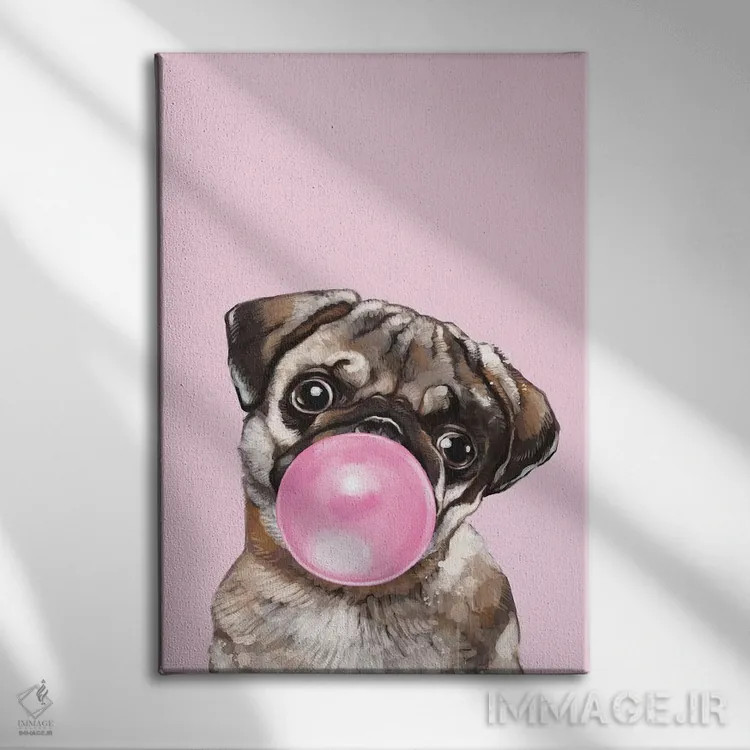 تابلو پاگ در حال فوت کردن آدامس بادکنکی در رنگ صورتی اثر بگ نوز ورک (استودیو) - نمای روبهرو روی دیوار