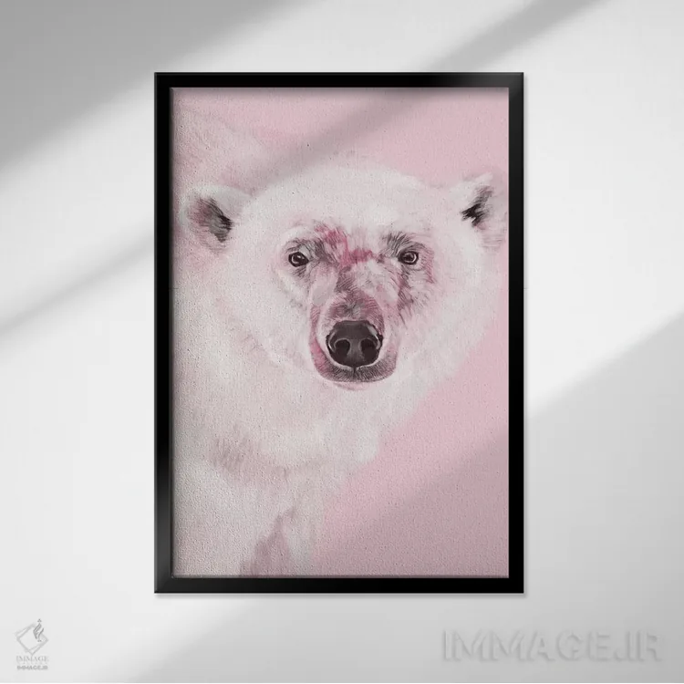 تابلو خرس قطبی در رنگ صورتی اثر بگ نوز ورک (استودیو) - نمای قابدار مشکی