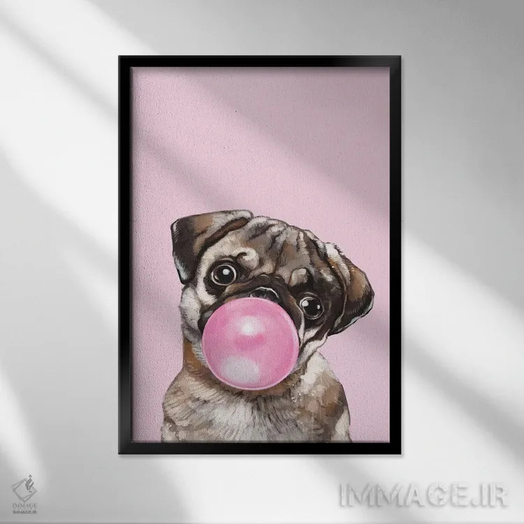 تابلو پاگ در حال فوت کردن آدامس بادکنکی در رنگ صورتی اثر بگ نوز ورک (استودیو) - نمای قابدار مشکی