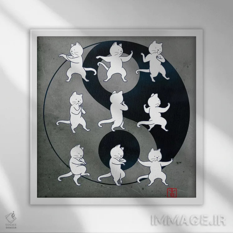 تابلو گربه در حال تای چی اثر بگ نوز ورک (استودیو) - نمای قابدار سفید