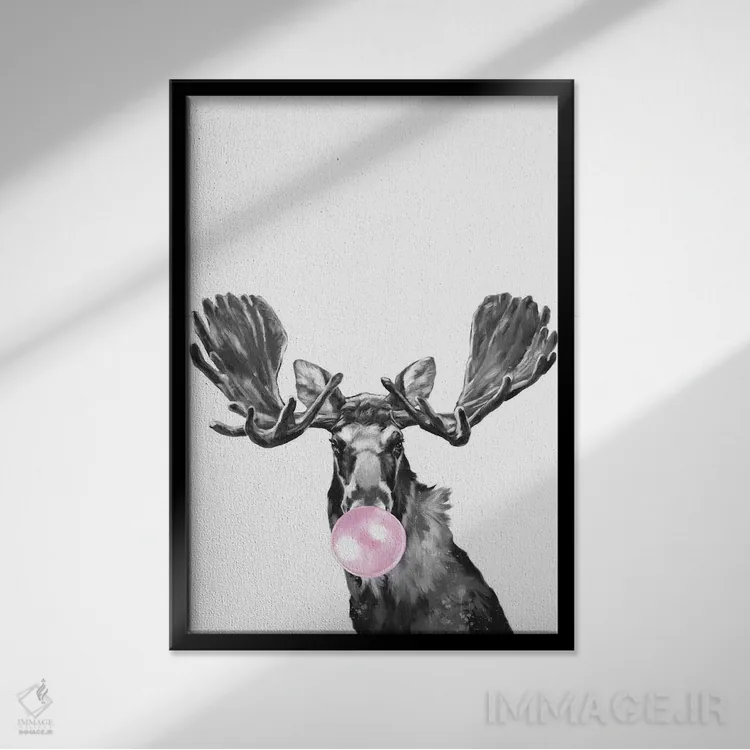 تابلو گوزن شمالی با آدامس بادکنکی (سیاه و سفید) اثر بگ نوز ورک (استودیو) - نمای قابدار مشکی