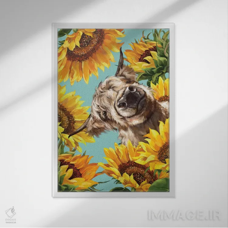 تابلو گاو کوهستانی با گل آفتابگردان اثر بگ نوز ورک (استودیو) - نمای قابدار سفید