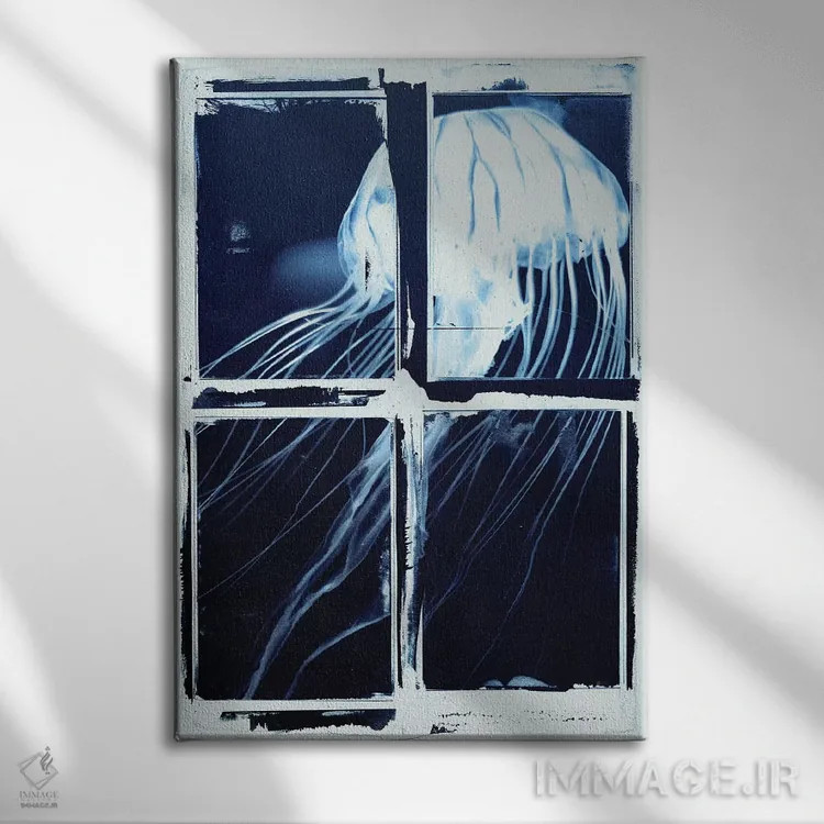 تابلو مربعهای عروس دریایی نیلی اثر ۳۳ استخوان شکسته - نمای روبهرو روی دیوار