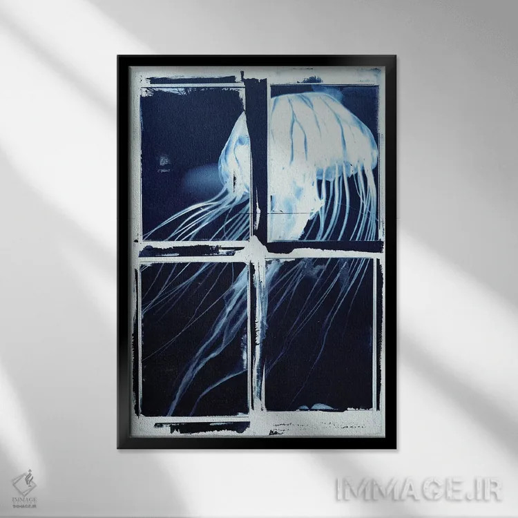 تابلو مربعهای عروس دریایی نیلی اثر ۳۳ استخوان شکسته - نمای قابدار مشکی