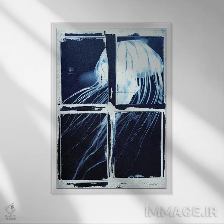 تابلو مربعهای عروس دریایی نیلی اثر ۳۳ استخوان شکسته - نمای قابدار سفید