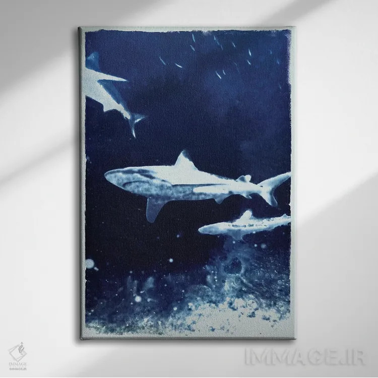 تابلو کوسههای نیلی اثر ۳۳ استخوان شکسته - نمای روبهرو روی دیوار