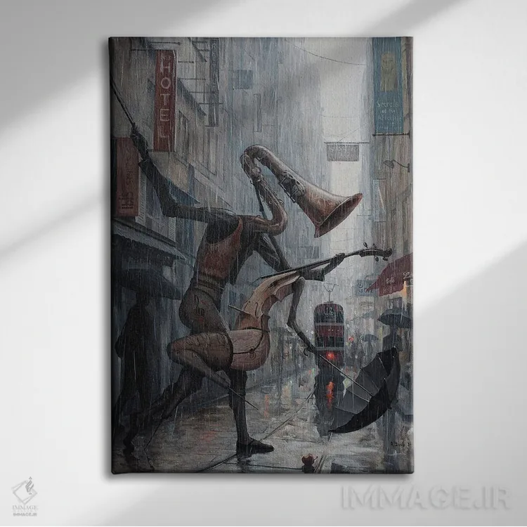 تابلو زندگی رقصی در باران است اثر آدریان بوردَا - نمای روبهرو روی دیوار