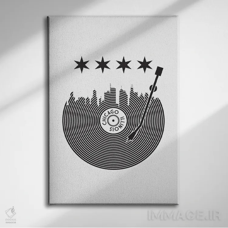 تابلو خط افق شیکاگو با صفحه گرامافون اثر پرینتهای بنتون پارک (استودیو/گالری هنری) - نمای روبهرو روی دیوار