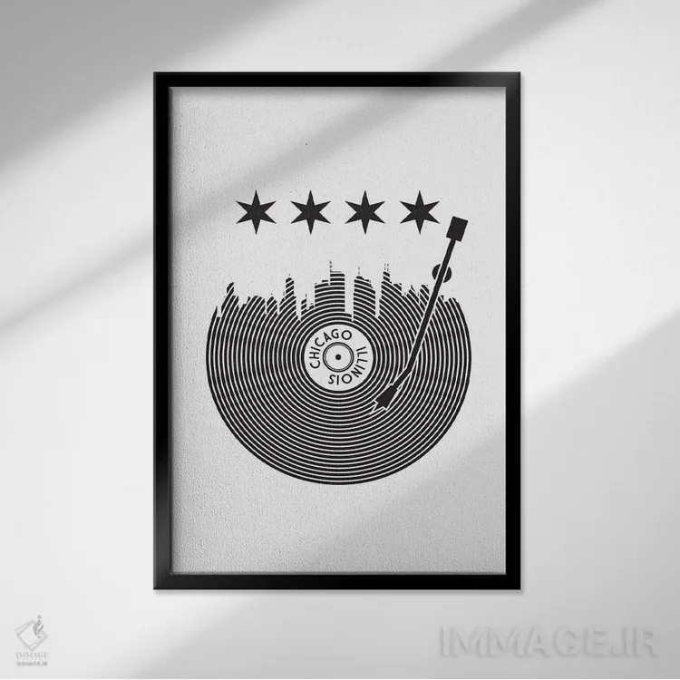 تابلو خط افق شیکاگو با صفحه گرامافون اثر پرینتهای بنتون پارک (استودیو/گالری هنری) - نمای قابدار مشکی