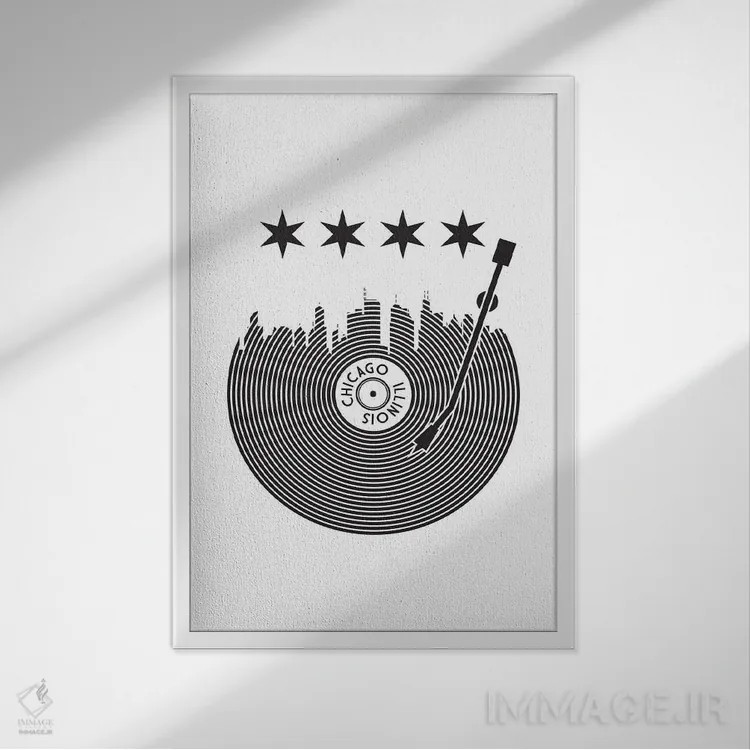 تابلو خط افق شیکاگو با صفحه گرامافون اثر پرینتهای بنتون پارک (استودیو/گالری هنری) - نمای قابدار سفید