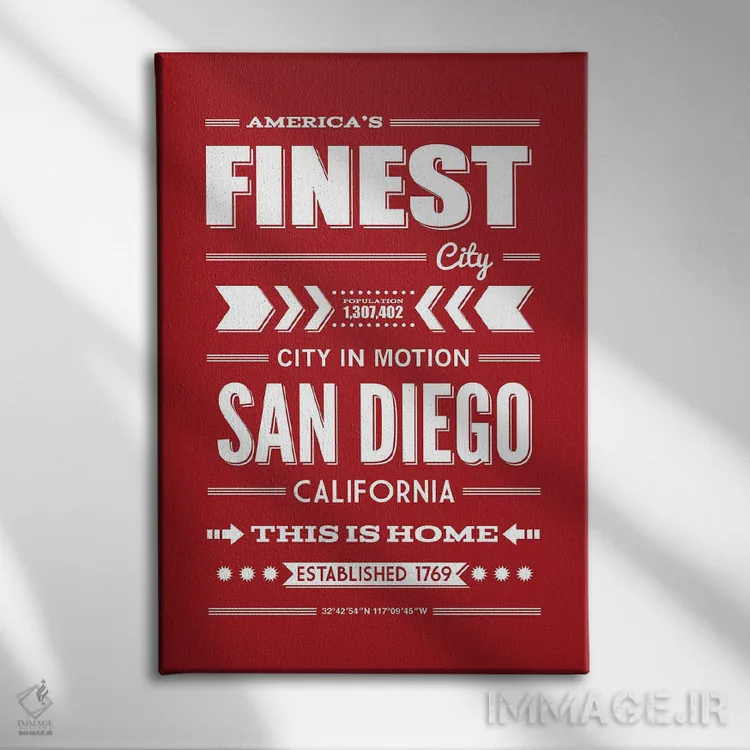 تابلو تایپوگرافی سن دیگو اثر پرینتهای بنتون پارک (استودیو/گالری هنری) - نمای روبهرو روی دیوار