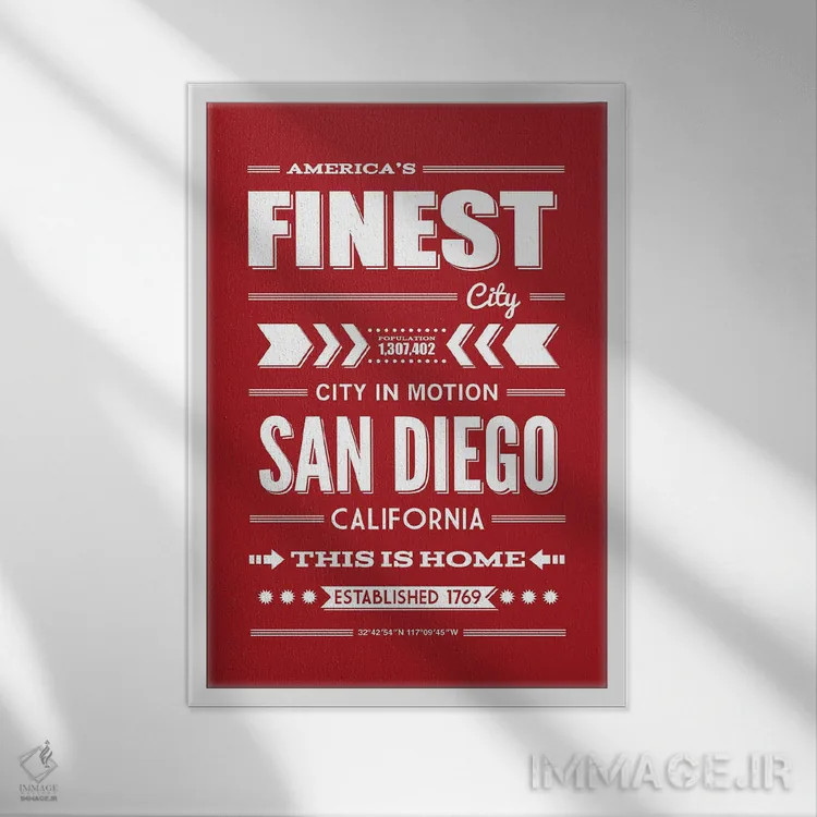 تابلو تایپوگرافی سن دیگو اثر پرینتهای بنتون پارک (استودیو/گالری هنری) - نمای قابدار سفید