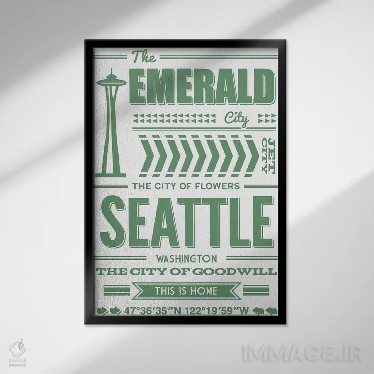 تابلو تایپوگرافی سیاتل اثر پرینتهای بنتون پارک (استودیو/گالری هنری) - نمای قابدار مشکی