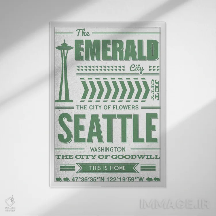 تابلو تایپوگرافی سیاتل اثر پرینتهای بنتون پارک (استودیو/گالری هنری) - نمای قابدار سفید