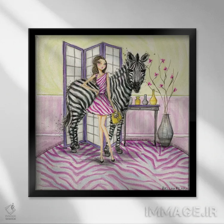 تابلو زویی و گورخر اثر بلا پیلار - نمای قابدار مشکی