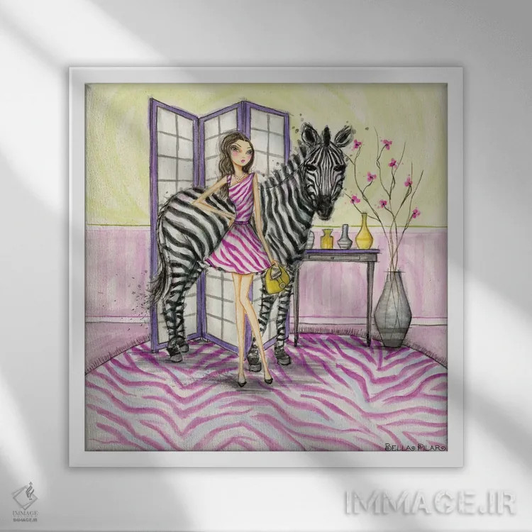 تابلو زویی و گورخر اثر بلا پیلار - نمای قابدار سفید