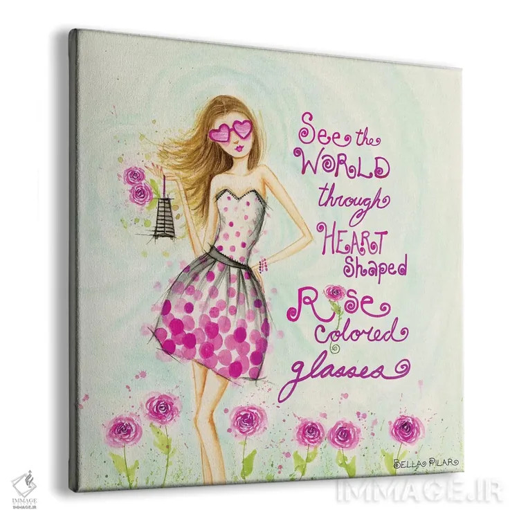 تابلو عینک قلبی شکل به رنگ گل رز اثر بلا پیلار - نمای پرسپکتیو محصول