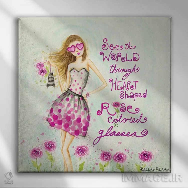 تابلو عینک قلبی شکل به رنگ گل رز اثر بلا پیلار - نمای روبهرو روی دیوار