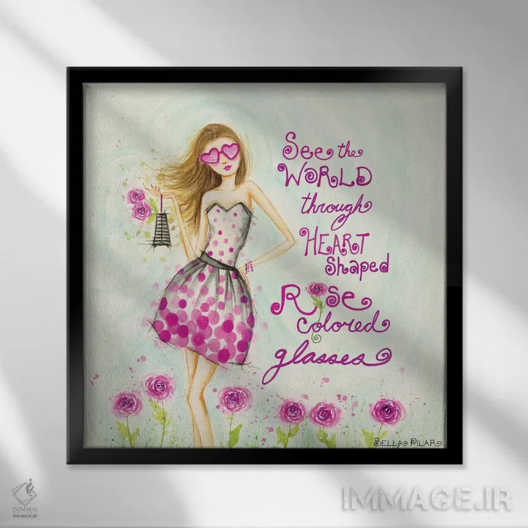 تابلو عینک قلبی شکل به رنگ گل رز اثر بلا پیلار - نمای قابدار مشکی