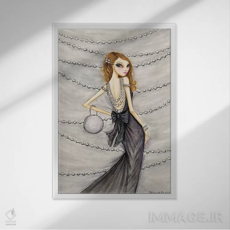 تابلو پرشیا زیبا با مرواریدها اثر بلا پیلار - نمای قابدار سفید