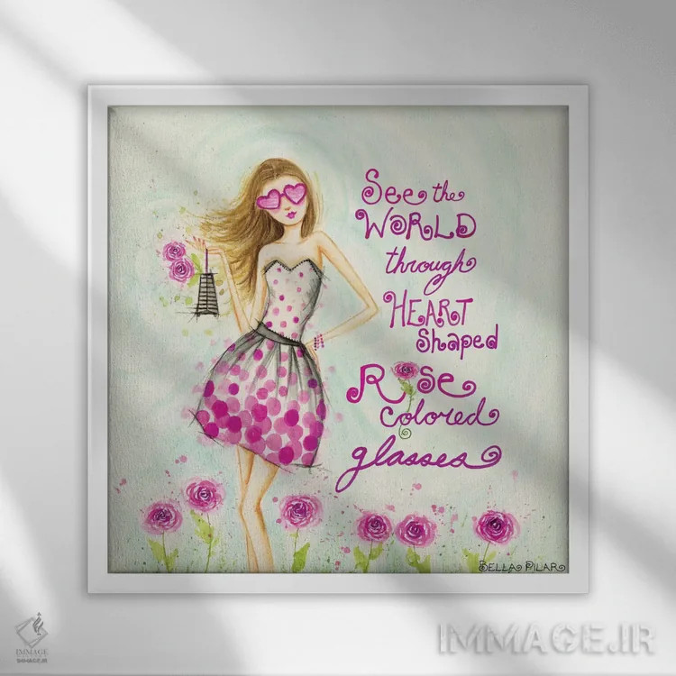 تابلو عینک قلبی شکل به رنگ گل رز اثر بلا پیلار - نمای قابدار سفید
