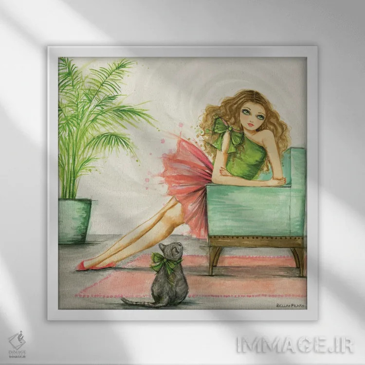 تابلو دوستدار گربهها اثر بلا پیلار - نمای قابدار سفید