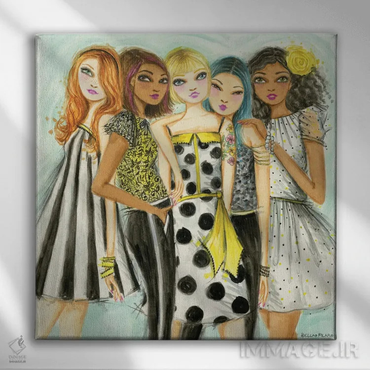 تابلو در حال خوشگذرانی با دوستان دختر اثر بلا پیلار - نمای روبهرو روی دیوار