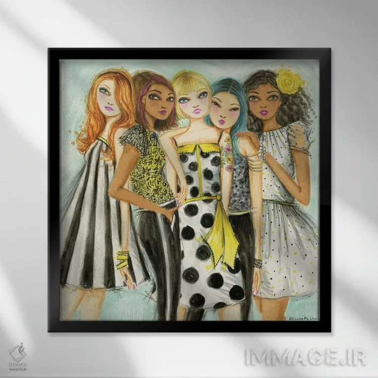 تابلو در حال خوشگذرانی با دوستان دختر اثر بلا پیلار - نمای قابدار مشکی